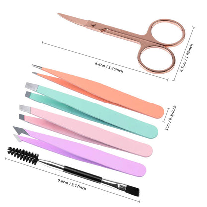 BeautyLabel Precision Tweezers Set – 6pcs Stainless Steel Brow Kit (with Scissor + Brush + Case)