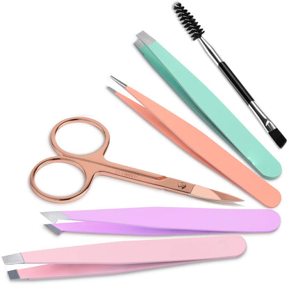 BeautyLabel Precision Tweezers Set – 6pcs Stainless Steel Brow Kit (with Scissor + Brush + Case)