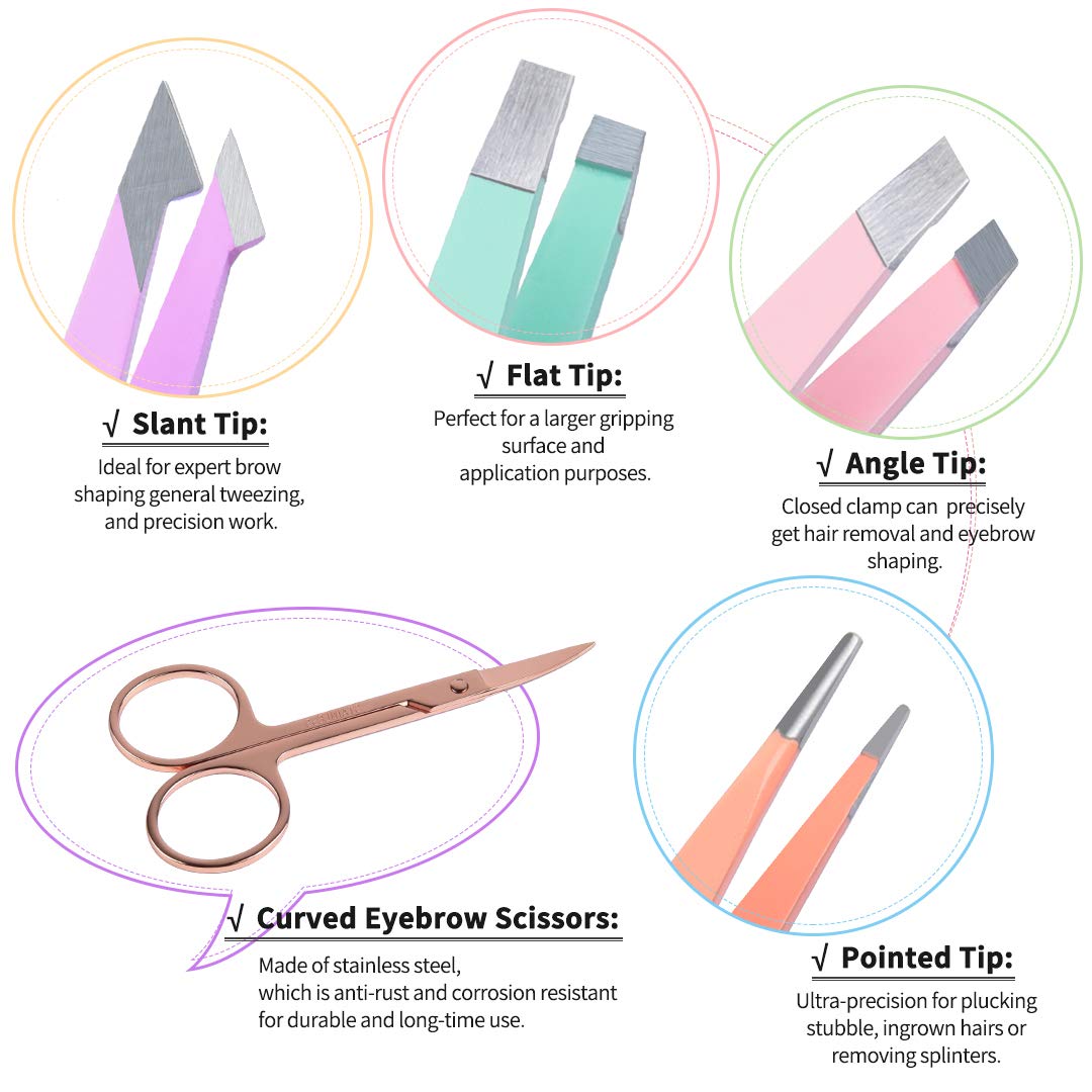 BeautyLabel Precision Tweezers Set – 6pcs Stainless Steel Brow Kit (with Scissor + Brush + Case)