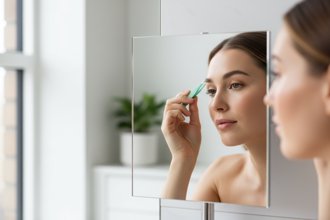 A clean bright bathroom lifestyle photo, close up of a woman using mint color tweezer to shape eyebrow in mirror, natural makeup, soft daylight, minimal background, premium beauty style, high resolution, realistic photography, no text, no watermark