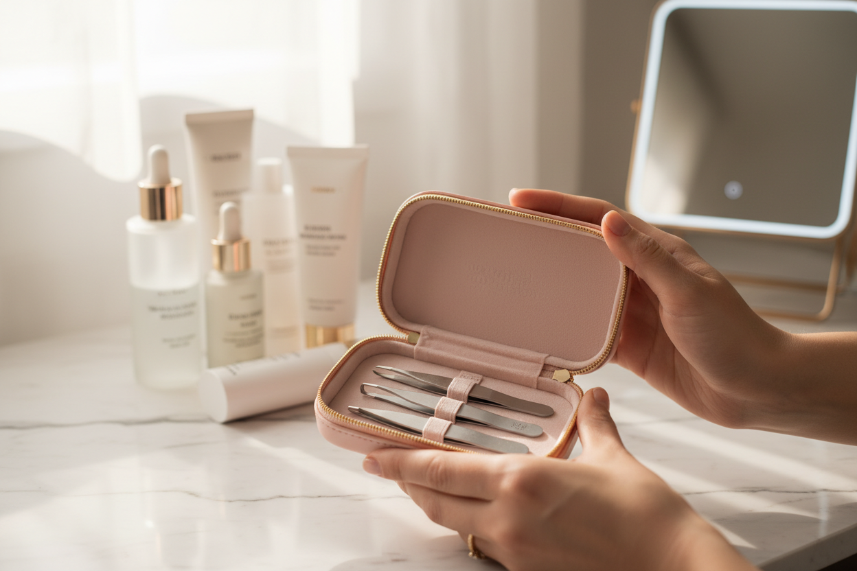 Premium lifestyle photo of female hands holding a pink travel case with tweezers kit open on a vanity counter, blurred background with skincare products, minimal clean aesthetic, soft warm lighting, high resolution photography, no watermark, no text