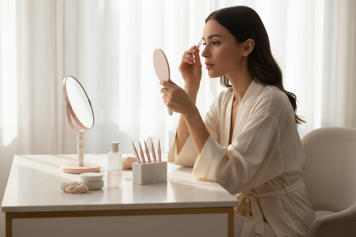 Realistic lifestyle photo of a young woman sitting at vanity table using pink tweezer set while holding small round mirror, product tools visible near her, soft aesthetic pastel tones, high-end skincare vibe, natural sunlight, no text, no logo, high resolution